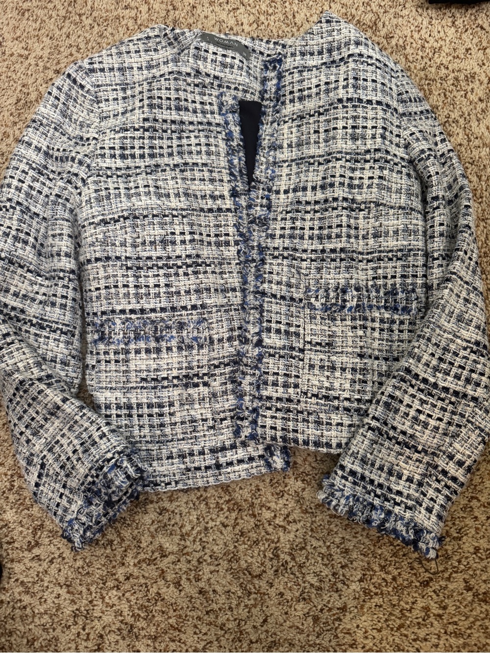 Navy and White Tweed Collarless Jacket from spain
